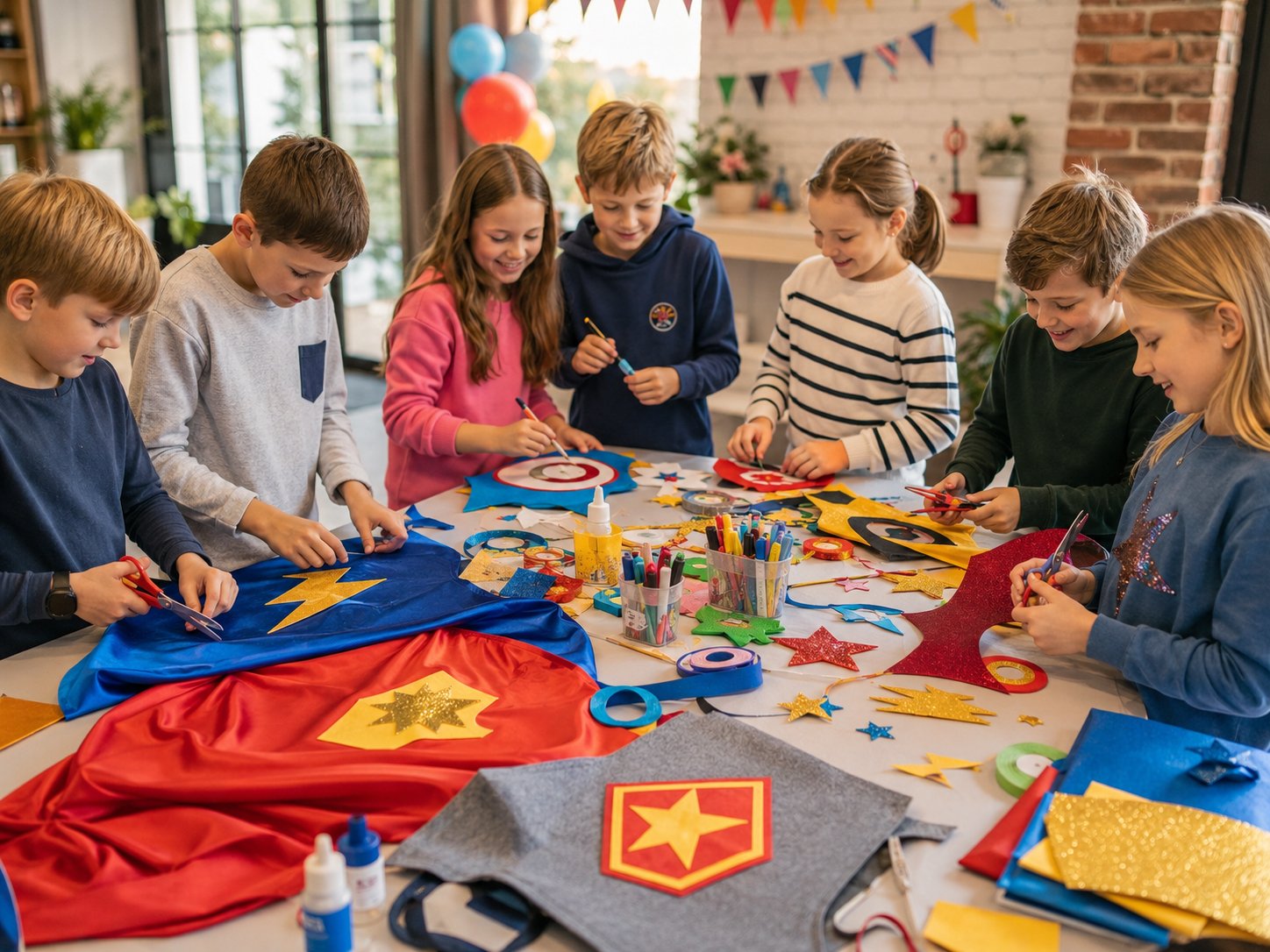 Vaikai dekoruoja savo kuriamus superherojų apsiaustus