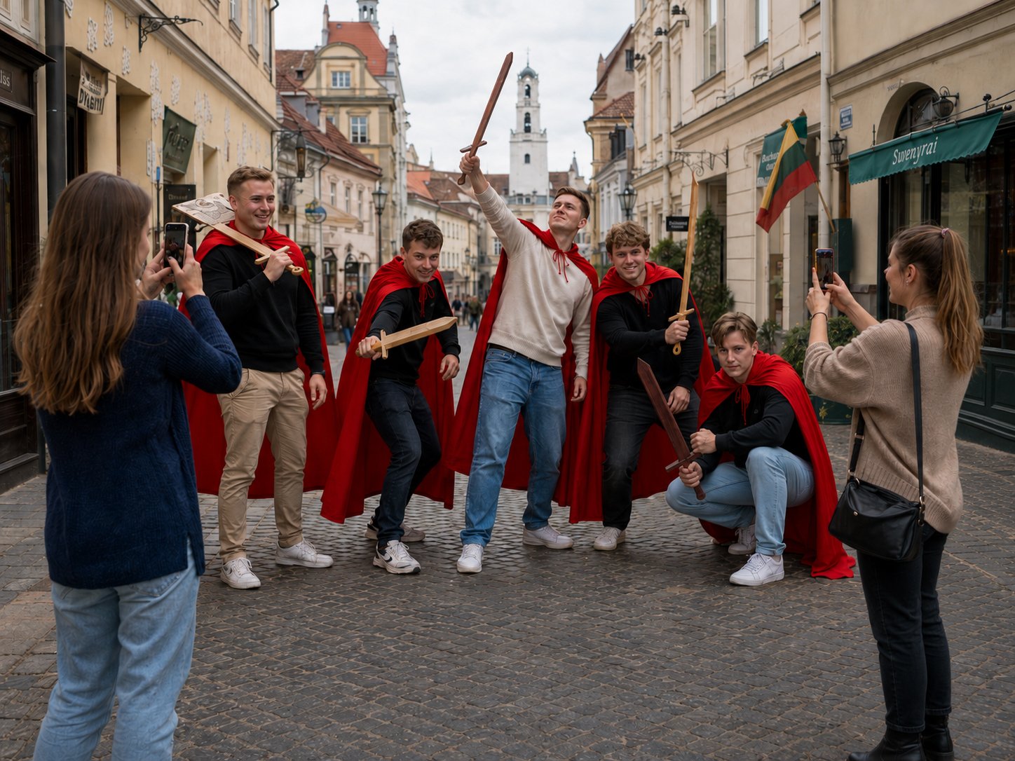 Spartiečių apsiaustais vilkintys bernvakario dalyviai su mediniais kardais